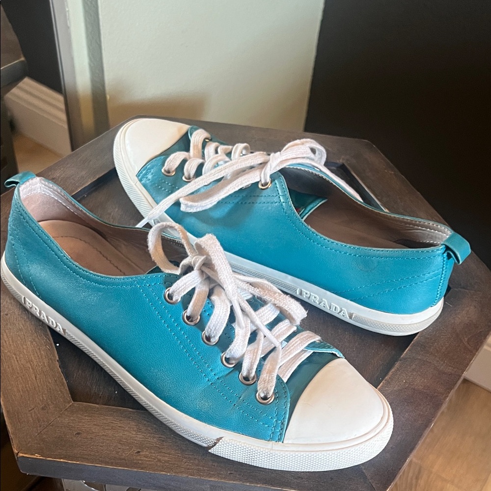 Prada Sneakers, EU 37, leather turquoise w/ white rubber